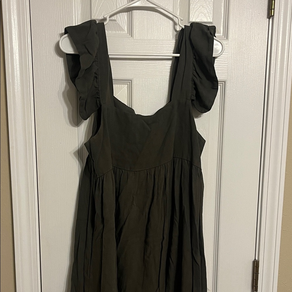 Ruffled Strap Sundress in Dark Olive - Women